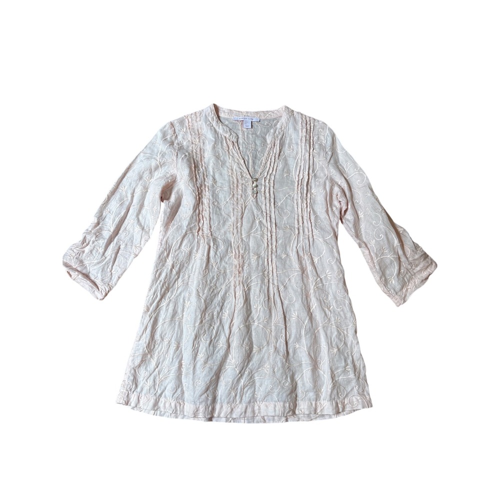 Marina Luna Tunic Top Women Pink Embroidered Linen Boho Pintuck SIZE S